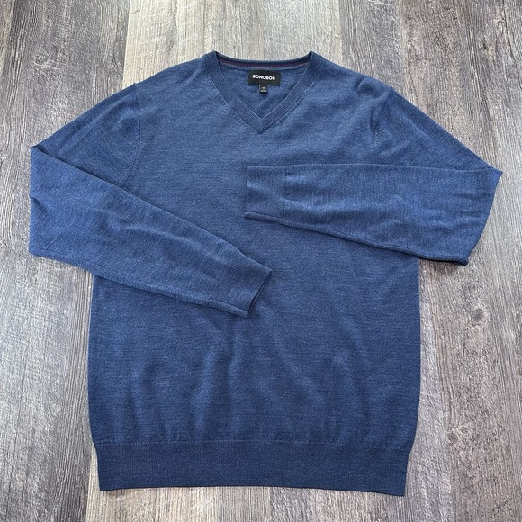 Bonobos Sweater Men's Large‎ Slim Blue Extra Fine Merino Wool V-Neck Long Sleeve - Picture 1 of 10